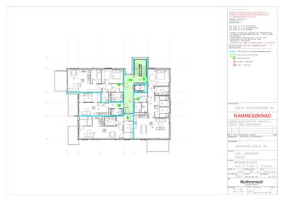 Etasjeplan (plan 3) av en bolig med romfordeling, veggtykkelse og tekniske installasjoner.