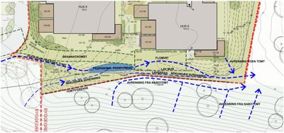 Situasjonsplan som viser regnvannsforpynning, avrenning og tomtsgrenser.