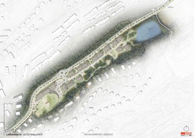 Situasjonsplan med illustrasjoner som viser byggefeltet, beplantning, veier og naboområder.