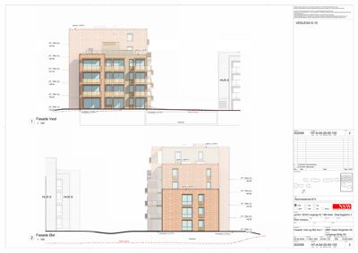 Fasadetegning som viser bygningens utseende fra vest og øst, med høydeangivelser og nabohus.