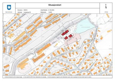 Situasjonskart som viser eiendommen Langenga 26 i forhold til nabolaget og infrastruktur.