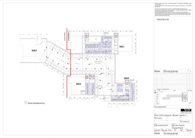 Etasjeplan for boder og parkering (BT3) som viser romfordeling, parkeringsplasser og bygningsskisser.
