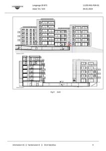 Snittegning av en fleretasjes bygning som viser innvendig oppbygning og høydeforhold.