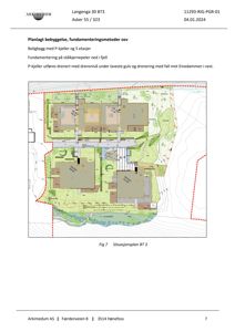 Situasjonsplan som viser bygningens plassering i forhold til terrenget, fjell og vannmasser.