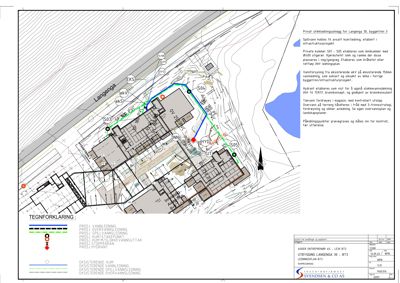 Situasjonsplan som viser ledningsanlegg (vann, spillvann, overvann) for et byggeprosjekt ved Langenga 30.