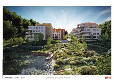 3D-visualisering av et planlagt boligprosjekt med moderne bygninger og en parkområde.