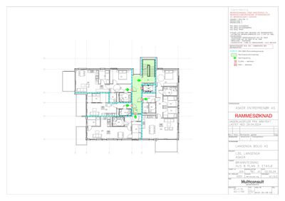 Etasjeplan (L30, Langenga Bolig AS) som viser romfordeling, veggtykkelse og tekniske installasjoner.