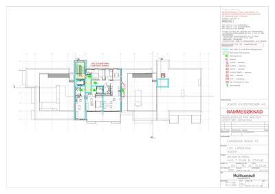 Etasjeplan (6. etasje) av en brann- og røykvarslingsanlegg, som viser romfordeling, dører, vinduer og teknisk utstyr.