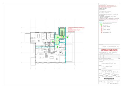 Etasjeplan med romfordeling, veggtykkelse og tekniske merkelapper for brannvern.