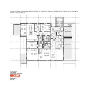 Etasjeplan (H0501 og H0502) som viser romfordeling, stueplassering og terrasse for leilighetene i 5. etasje.