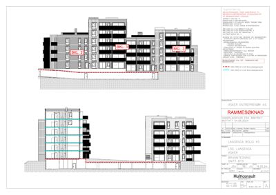 Snittegning av en boligblokk med fasade og takkonstruksjon