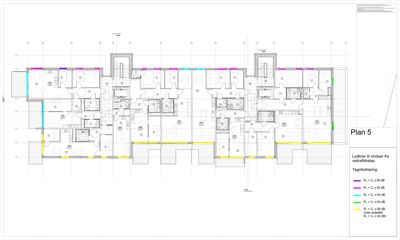 Etasjeplan (Plan 5) som viser romfordeling og lydkrav til vinduer.