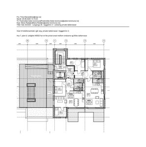Etasjeplan som viser romfordeling, stueplan og takterrasser for hus 7, plan 6.