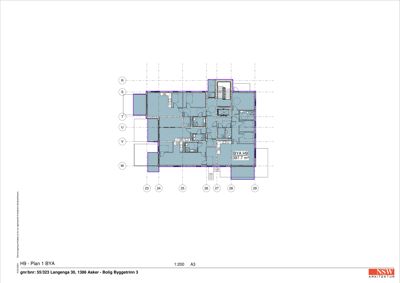 Etasjeplan (BYA H9) som viser romfordeling og veggstruktur for en bolig.