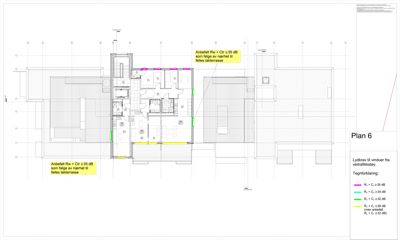 Etasjeplan (Plan 6) med romfordeling og lydtekniske anvisninger for vinduer.