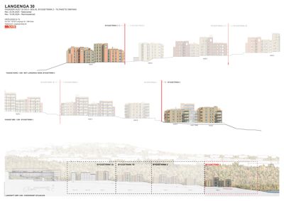 Fasadetegning som viser bygningenes utseende sett fra ulike vinkler (nord og vest) for prosjektet 'Langenga 30'.