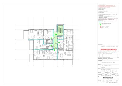 Etasjeplan (2. etasje) med romfordeling, veggtykkelse og teknisk informasjon.