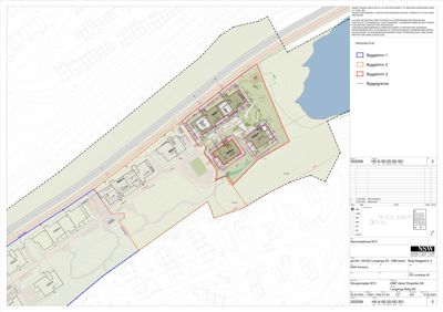 Situasjonsplan som viser tomt, bygninger, veier og vannmasser.