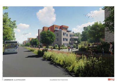 3D-visualisering av et planlagt boligprosjekt sett fra gatenivå.
