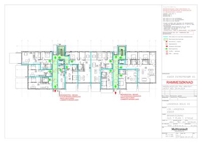 Etasjeplan (1. etasje) med romfordeling, brannsoner og innvendige vegger.