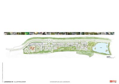 Et illustrasjonsbilde (rendering) av et utomhusplan med bygninger, veier og landskap.