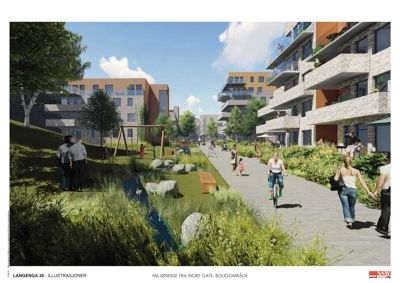 3D-visualisering av et boligområde med parkeringsplass og bebyggelse.