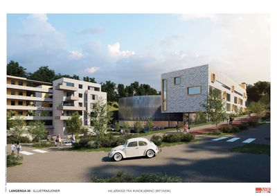 3D-visualisering av et planlagt byggkompleks med omgivelsene.