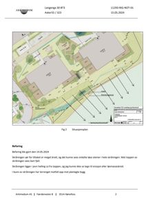 Situasjonsplan som viser tomtens form, terrengforhold, naboeiendommer og planlagt bygningsplassering.