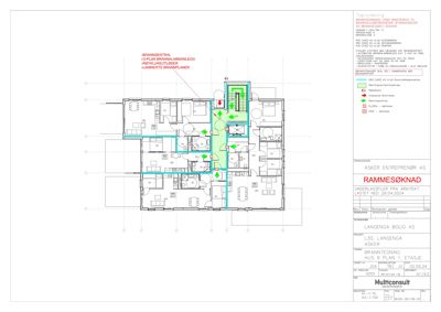 Etasjeplan for 1. etasje i en brannforebyggende anlegg, med romfordeling og tekniske installasjoner.