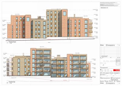 Fasadetegning som viser bygningens utseende sett fra nord og sør med høydeangivelser.