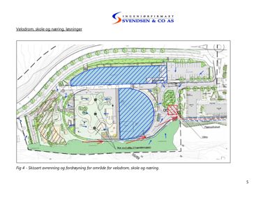 Situasjonsplan som viser avrenning og fordrøyning for et område med velodrom, skole og næring.