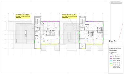 Etasjeplan (Plan 5) som viser romfordeling, veggtykkelse og lydtekniske krav til vinduer.