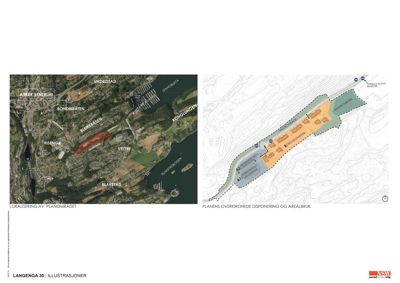 Bildet viser to kart: til venstre et flyfoto med lokalisering av et planområde, og til høyre en situasjonsplan med arealbruk.