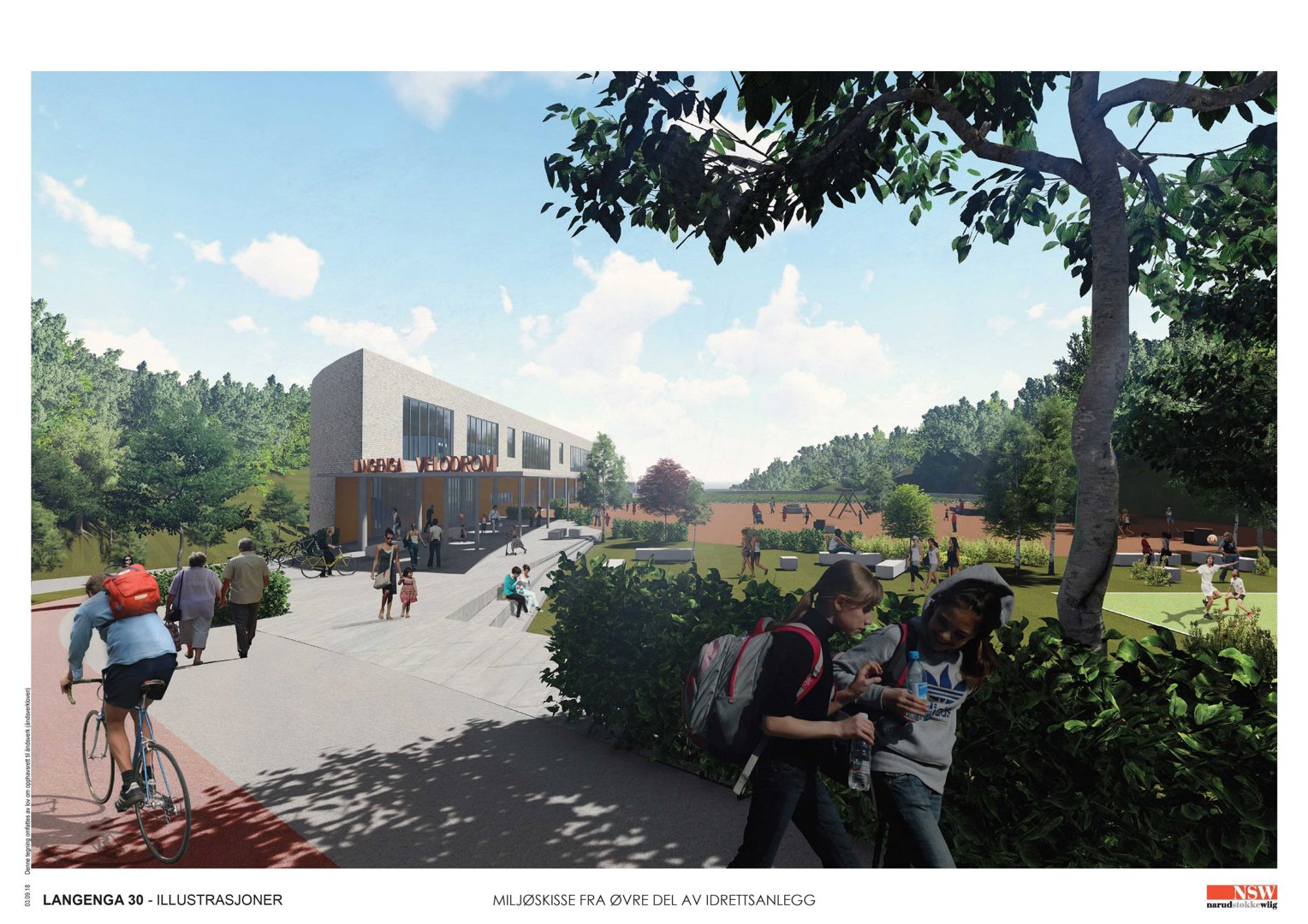 3D-visualisering av et planlagt idrettsanlegg med en bygning i bakgrunnen og mennesker i forgrunnen.