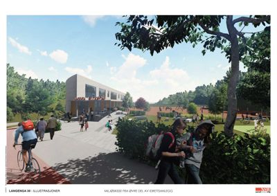 3D-visualisering av et planlagt idrettsanlegg med en bygning i bakgrunnen og mennesker i forgrunnen.