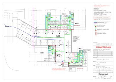 Etasjeplan med romfordeling og utstyr for et bygg med flere enheter (HUS 6, 7, 8, 9).