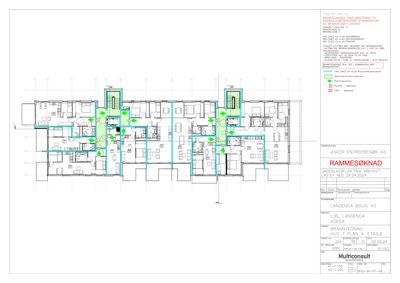 Branninnetegning (etasjeplan) som viser romfordeling, vegger og funksjoner i etasje 4 av hus 7.