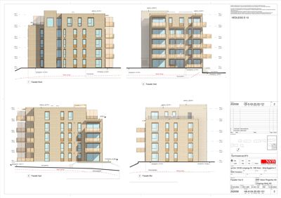 Bildet viser fasadetegninger for en bygning, med utsnitt av fasaden sett fra Nord, Vest, Syd og Øst.