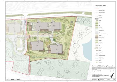 Situasjonsplan som viser tomtens form, terrengforhold, beplantning og plassering av bygninger.