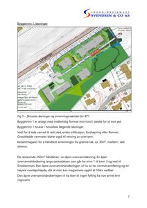 Situasjonsplan eller skissert situasjonsplan som viser tomt, bygninger, vannveier og overvannsløsninger.