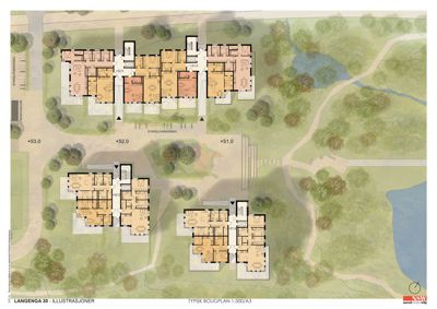 Typisk etasjeplan (floor plan) for en boligblokk, som viser romfordeling, parkeringsplasser og høydeforskjeller.