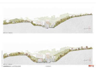 Tverrsnitt (snitt) av en bygning i et landskap, med to varianter (SNITT D-D og SNITT E-E).