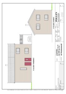 Fasadetegning som viser oppriss av bygningens nordøst- og syddøstside med detaljer om vinduer, dører og fasadematerialer.