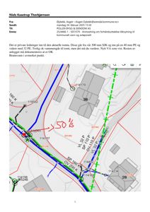 Kart over private ledninger (vann og avløp) med høydekurver og punkteringslinjer som viser tilknytning til kommunalt nett.