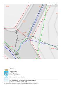 Kart over kommunale ledninger (vann, avløp, strøm) med tilhørende eiendomsnummer og grenser.