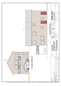 Fasadetegning som viser bygningens utseende fra nordvest og sydvest, inkludert vinduer, dører og takform.
