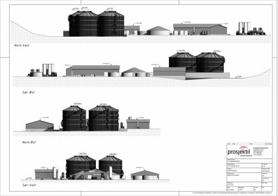 Fasadetegning som viser bygningens utseende fra fire ulike retninger (Nord-Vest, Sør-Øst, Nord-Øst, Sør-Vest) med høydeangivelser.