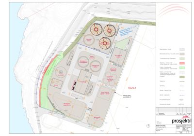 Situasjonsplan som viser tomtens form, omgivelser, høyder, vegger, og plassering av bygninger og anlegg.
