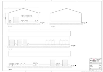Snittegning som viser tverrsnitt gjennom en bygning sett fra ulike vinkler (Sør-Vest, Nord-Øst, Nord-Vest og Sør-Øst).