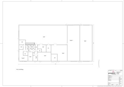 Etasjeplan for 1. etasje i hovedbygget som viser romfordeling, dører og veggkonstruksjoner.